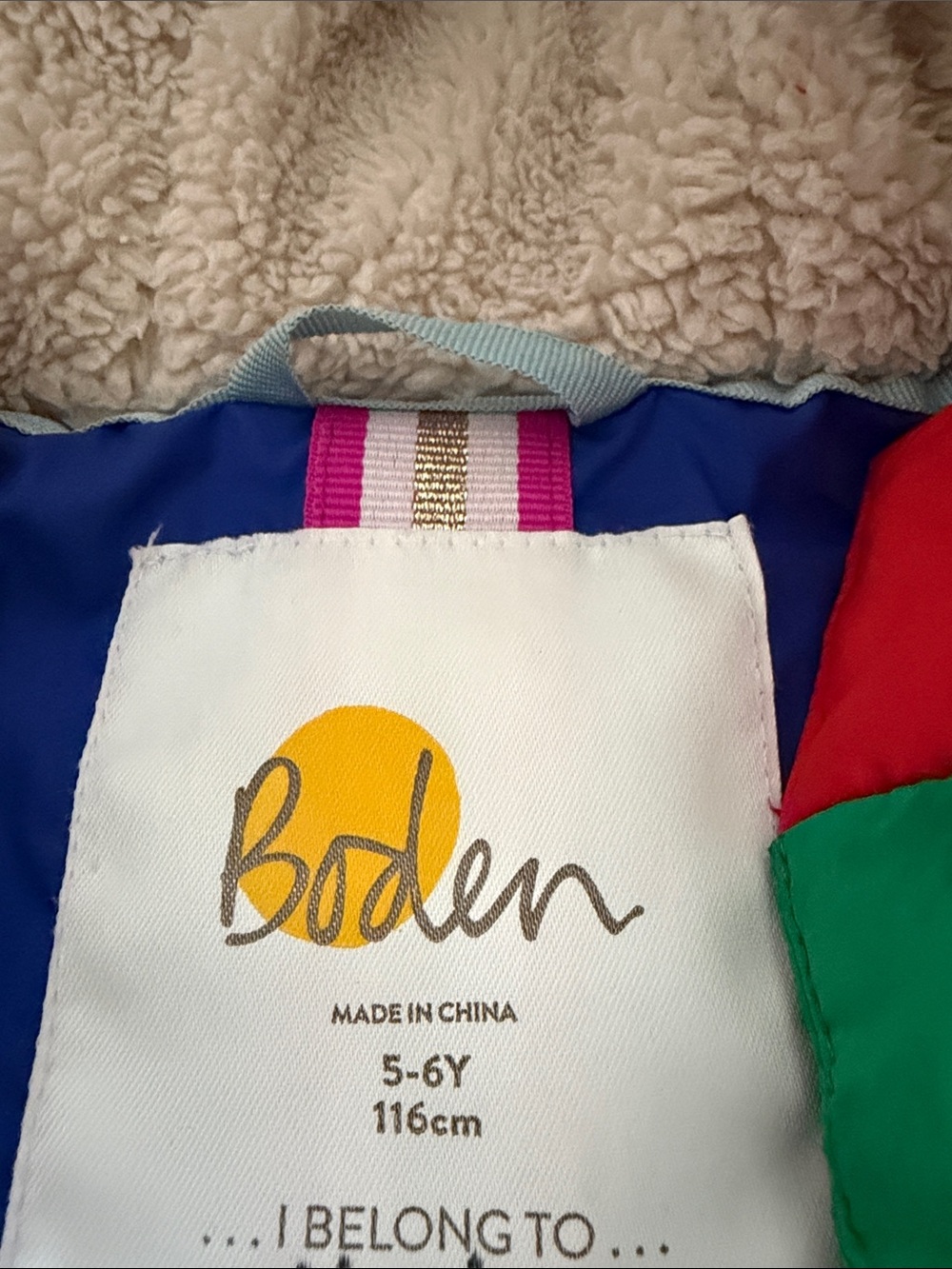 Mini Boden Bright Multicolor Striped Hooded Puffer Coat with Faux Fur Trim - Picture 2 of 7
